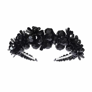 Elegant black beaded headband with flower sequins and multifaceted crystal beads
