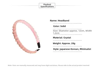 Detailed view of pink crystal beads on a 1.2cm wide headband with size specifications