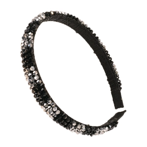 Elegant crystal headband with black and silver faceted beads on a slim fabric band