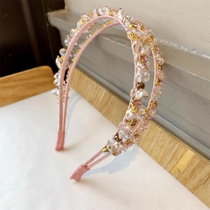 Serre-tête élégant à double rangée avec cristaux roses et perles dorées