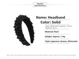 Detail view showing black padded sponge headband with pearls and product dimensions