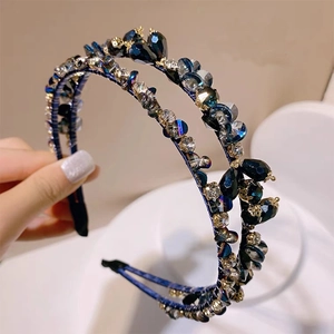 Serre-tête élégant à double couche avec cristaux bleu foncé et perles dorées pour femme
