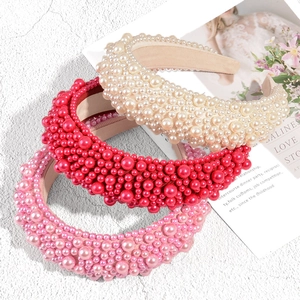 Thick padded headbands with pearls in white, red and pink colors for women