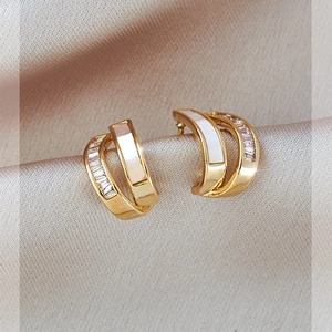 French Double Layer C Shape Stud Earrings Gold Plated Alloy Zirconia Mother Of Artificial Pearl Geometric Earrings Women Jewelry