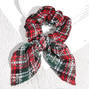 Christmas plaid hair scrunchie with rabbit ear bow and snowflake patterns for women