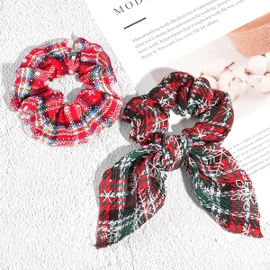Christmas Plaid Hair Scrunchies With Bowknot Snowflake Print Red Green Black Tartan Hair Ties For Women Girls Festive Hair Decor