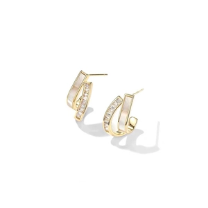 Elegant gold C-shaped hoop earrings featuring white mother of pearl and zircon stones