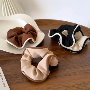 Vintage Ribbed Fabric Scrunchies With Contrast Piping Elegant Elastic Hair Ties For Women Retro Fashion Hair Accessories