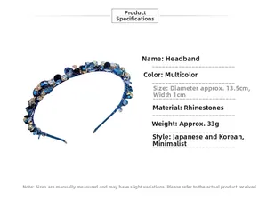 Detailed size and material specs for the elegant blue rhinestone headband with dimensions