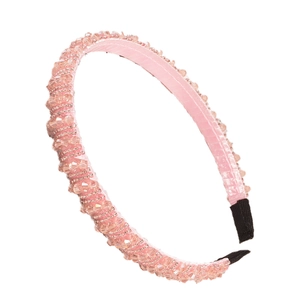 Elegant light pink rhinestone headband with sparkling crystal beads and satin fabric wrap
