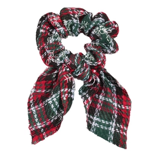 Plaid Christmas scrunchie with long ribbons in red and green festive tweed fabric