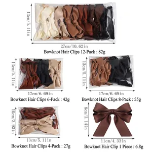 Detailed size and weight guide for bow hair clips set in various classic neutral colors