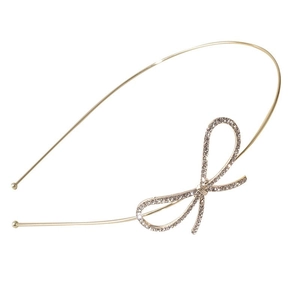 Elegant gold metal thin headband with sparkly rhinestone bow for women styling