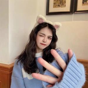 Cute white and pink plush cat ear headband made of soft fluffy material for daily wear