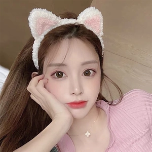 Cute white plush cat ear headband for women, soft fleece hair accessory for face washing