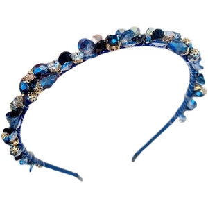 Baroque crystal headband with blue and smoky rhinestones on a slim metallic base