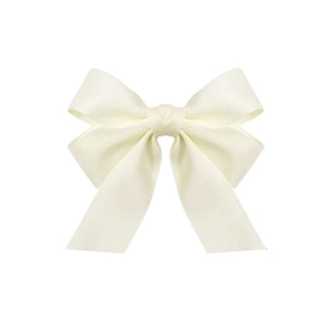 Close-up of a creamy white satin bow hair clip with elegant silk texture and double loops