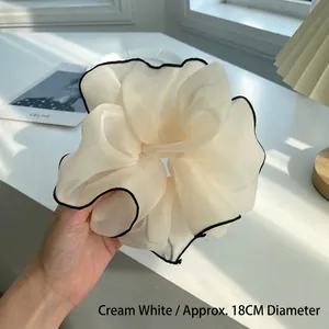 Elegant off-white oversized mesh scrunchie with black trim, 18cm fluffy hair tie for women