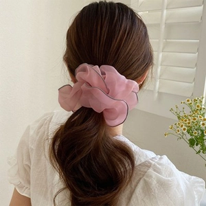 Elegant lotus pink mesh organza hair scrunchie with grey trim for ponytail styles