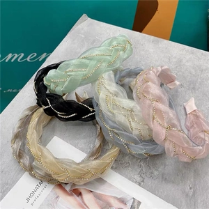 Lot de serre-têtes en organza tressé avec chaînes de strass en cinq coloris pastel