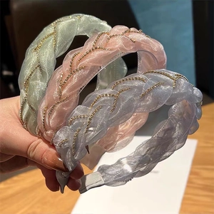 Serre-tête Tressé en Maille Organza pour Femmes Avec Strass Bandeau Antidérapant Élégant Accessoires de Coiffure à la Mode