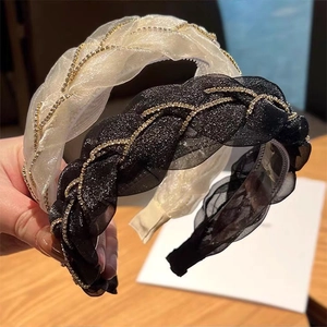 Serre-tête en organza tressé avec strass brillants en couleurs noir et blanc crème