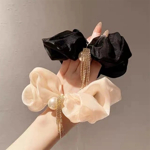 Elegant Rhinestone Tassel Scrunchie Mesh Fabric Hair Tie With Faux Artificial Pearl Elegant Oversized Hair Band For Women Jewelry