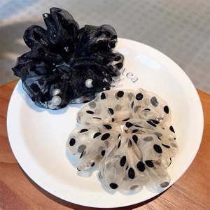 French Vintage Mesh Polka Dot Scrunchie With Artificial Pearl Embellishment Elegant Hair Ties For Women Daily Party Hair Accessories