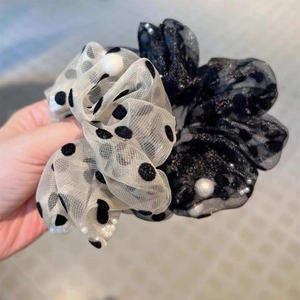 Elegant mesh scrunchie set with white pearls and polka dot pattern for ponytails