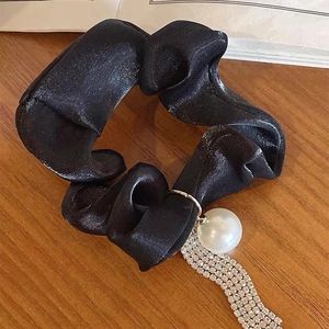 Elegant black satin hair tie with pearls and sparkling rhinestone tassel fringe
