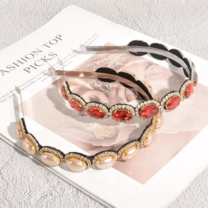 Vintage baroque headband set with red crystals, pearls and sparkling rhinestones