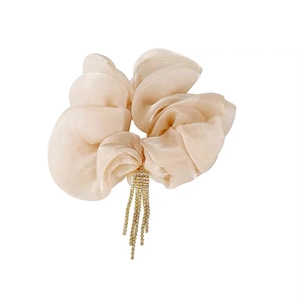 Elegant champagne silk scrunchie with sparkling rhinestone tassels for women