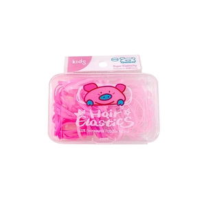 Kids pink hair elastics set in transparent storage box with cute cartoon pig illustration
