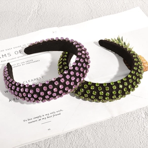 Baroque padded sponge headband with full rhinestones in purple and green colors