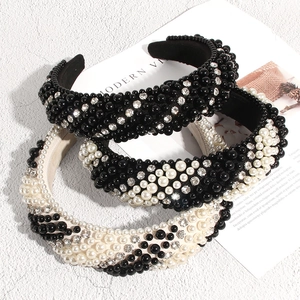 Serre-têtes luxueux avec perles et strass en noir, blanc et crème pour femmes