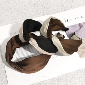 Elegant satin crossover headbands in solid brown and tricolor patchwork design for women