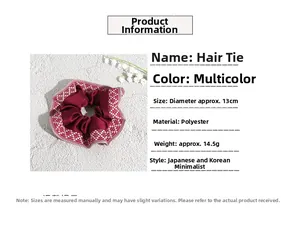 Detail of bohemian red pattern fabric scrunchie showing 13cm diameter size and texture