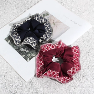 Ethnic style bohemian hair scrunchies in navy and wine red with woven border