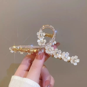Elegante Pinza per Capelli a Forma di Camelia in Lega per Donna Colore Oro Strass Perla Artificiale Clip a Squalo Accessori