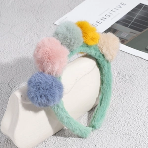 Women Cute Plush Hairband With Multicolor Pom-Poms Soft Fabric Wrapped Headband For Face Washing Daily Hair Accessories