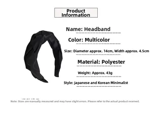 Detail view of black braided headband showing 14cm diameter and 4.5cm width dimensions