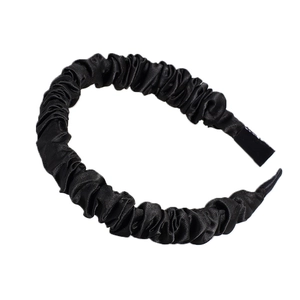 Elegant black pleated satin headband for women with a glossy finish on white background