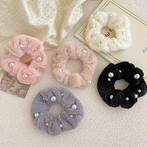 Chouchous Élégants en Fausse Fourrure avec Künstliche Perles Peluche Moelleuse Couleur Unie Bandeaux Cheveux Hiver Femme