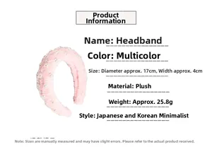 Pink plush headband with pearls showing dimensions 17cm diameter and 4cm width detail