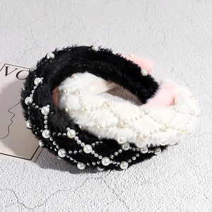 Set of plush faux fur headbands with white pearls in black and cream colors