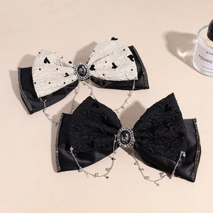 Women Elegant Double Layer Bow Hair Clip With Rhinestone Tassel Fashion Fabric Bowknot Spring Clip Hair Accessories