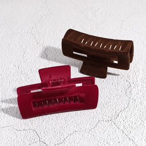 Set of two large square flocked hair claw clips in burgundy and dark coffee brown finish