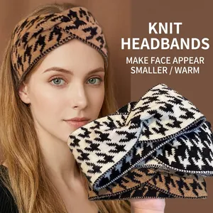 Vintage Houndstooth Knit Headband For Women Retro Twist Knot Wide Elastic Warm Winter Hair Band Fashion Hair Accessories