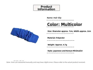 Blue pleated fabric hair clip detail showing 7cm diameter and 2cm width specifications