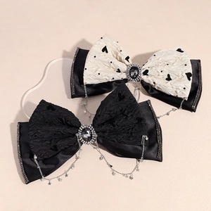 Dual layer bow hair clips with rhinestone tassels in black and beige satin fabric